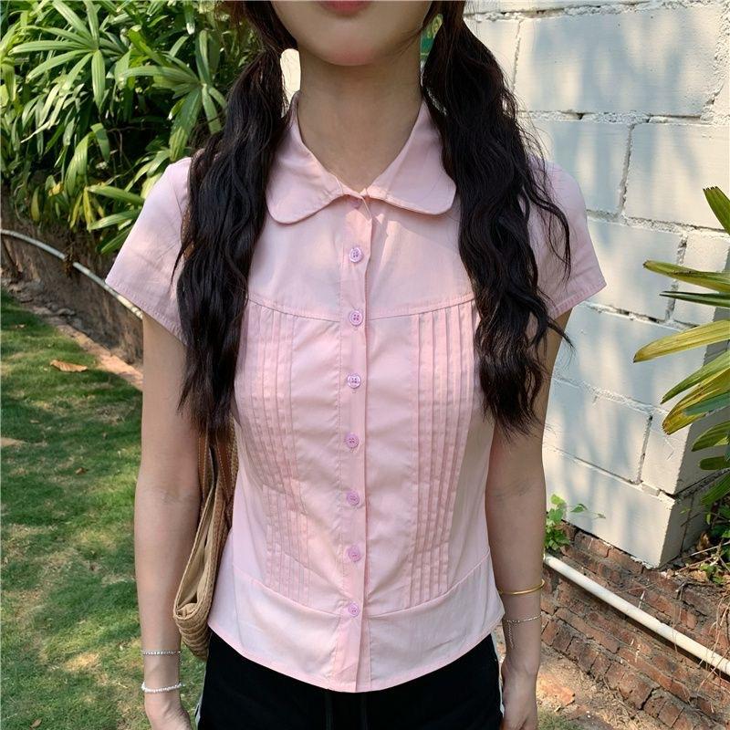 Korean style spicy girl pink pleated loose slimming lapelle shirt, lazy style simple versatile shirt for women, summer top