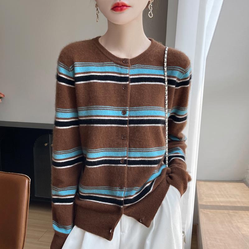 100% Wool Striped Cashmere Button-Up Sweater for Women - Korean Style, Autumn/Winter Collection