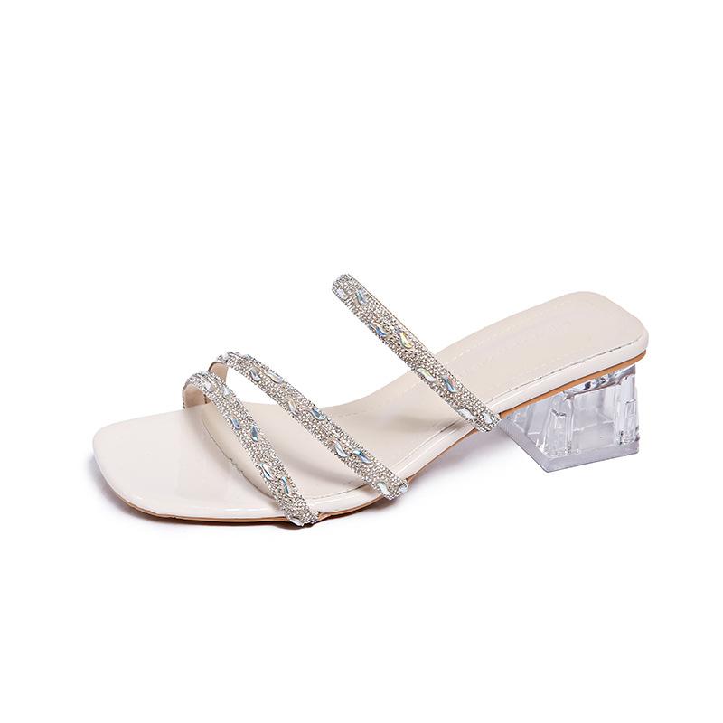 

Летние сексуальные шлепанцы с квадратным носком 2024 года, туфли на толстом каблуке со стразами и открытым носком, шлепанцы на среднем каблуке для вечерних платьев и коктейльных вечеров 40