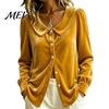 Autumn Shirt Fall Winter Women Velvet Shirt, Regular Fit Button Down Long Sleeve Office Work Top Top, Soft Solid Color Lapel Collar Blouse for
