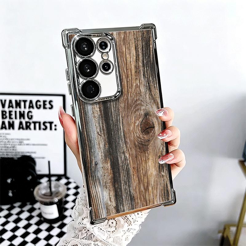 Vintage Wood Grain Pattern Plating Phone Case For Samsung Galaxy S24 S25 FE S26 Edge S23 Ultra S22 S21 Plus S20 Anti-Fall Airaba