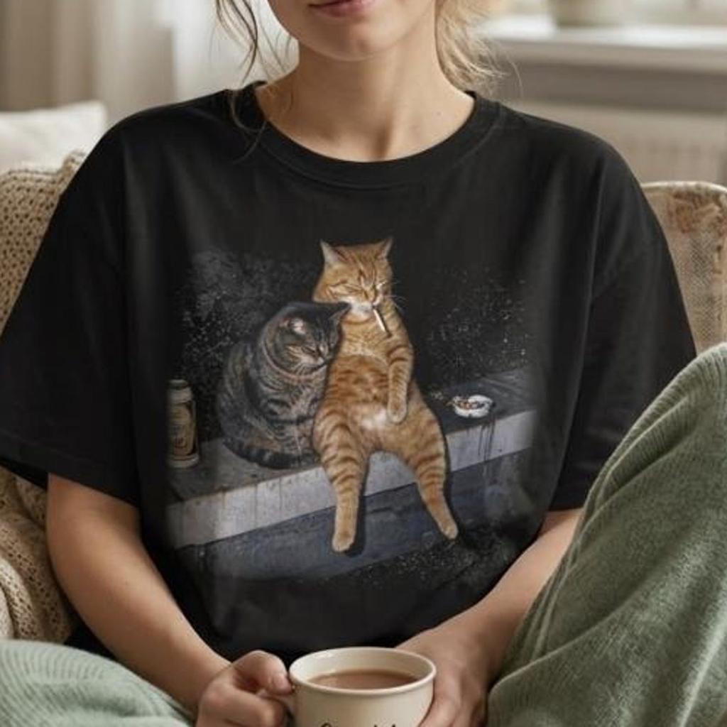 Maglietta Divertente Gatti Fumatori, T-shirt Grafica Gatti di Strada Retrò, Maglietta Vintage Meme Gatto Randagio, Regalo per Amanti dei Gatti Unisex T-shirt Gildan 5000