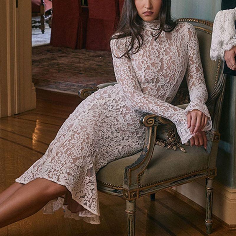 

Женская одежда Элегантное платье миди с длинным рукавом и воротником-стойкой, облегающее, элегантная леди, кружевное White S