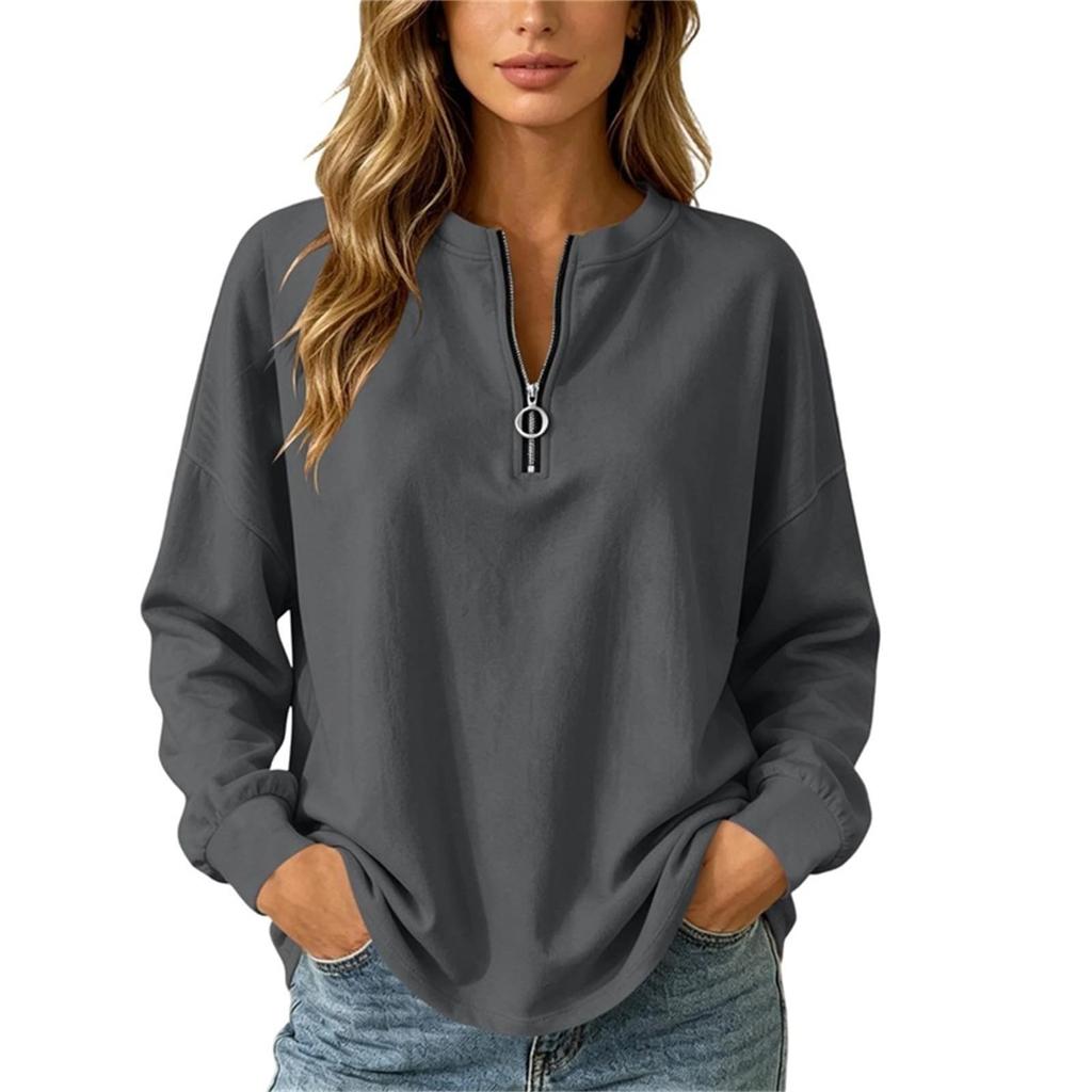 Damen Lockerer Pullover Sweatshirt Langarm Lässiges Oberteil mit halbem Reißverschluss Bequeme Alltagskleidung