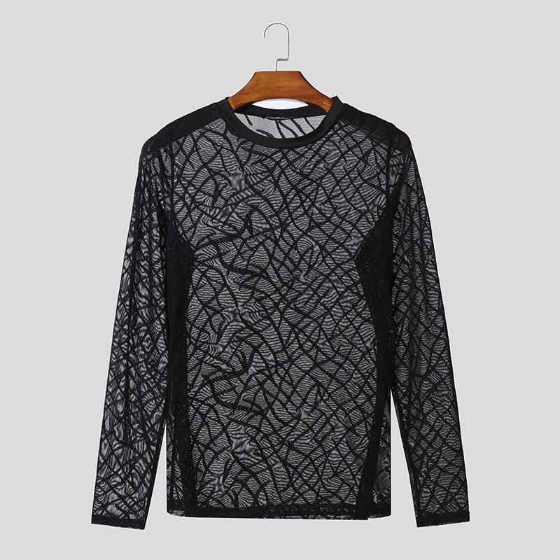 INCERUN Men Round Neck Long Sleeve Mesh Skinny Tops See Through T-shirts Undershirts