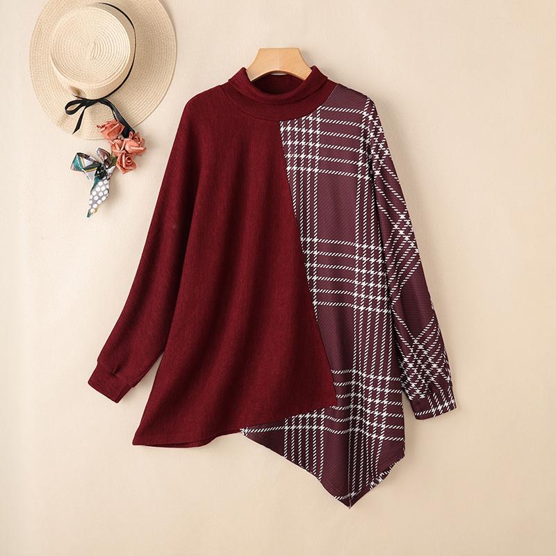 ZANZEA Women Stand Collar Long Sleeve Plaid Print Patchwork Irregular Pullover Tops
