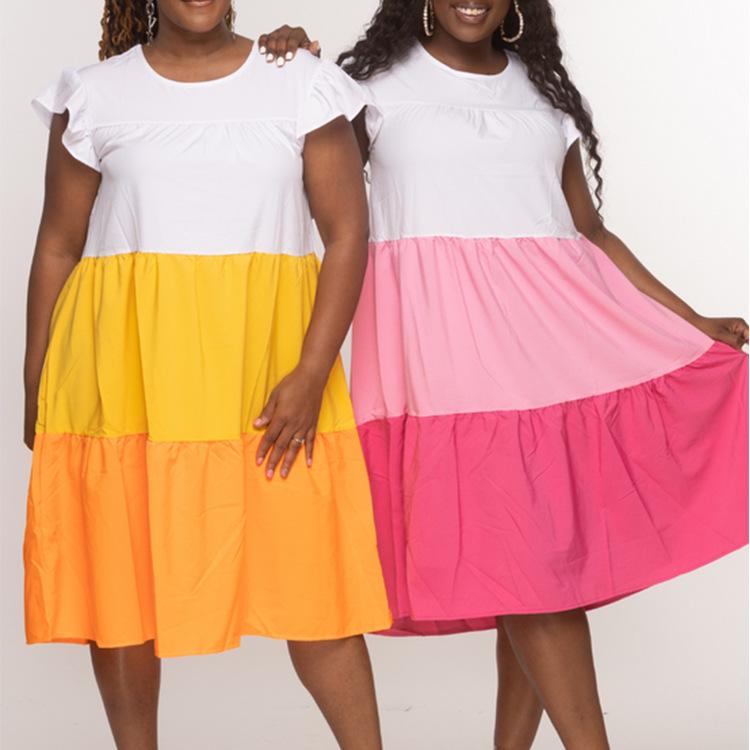 

Plus Size Colorblock Flutter Sleeve Bohemian Beach Dress for Women S