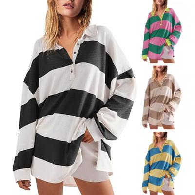 Felpa da donna color block a righe con colletto a punta, maniche lunghe, bottoni, top pullover ampio casual da casa, abbigliamento sportivo