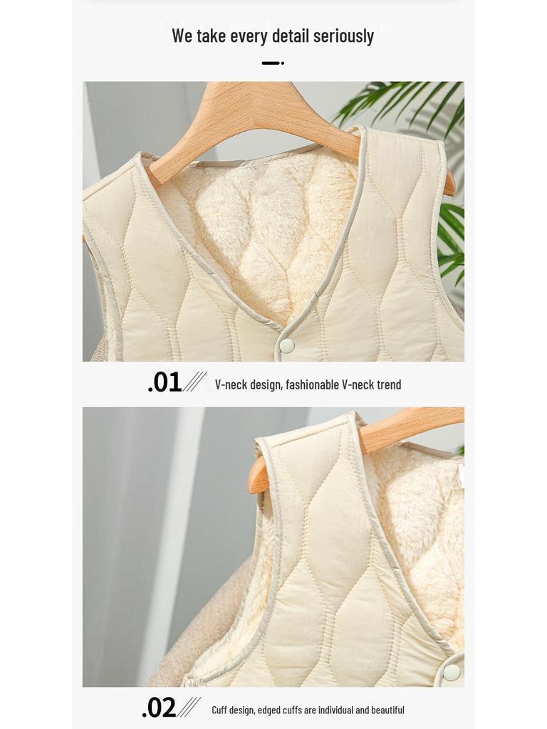 2025 Women's V-neck Fleece-lined Down Vest, Autumn/Winter Short Sleeveless, Thickened, Warm, Slim Fit, Versatile.