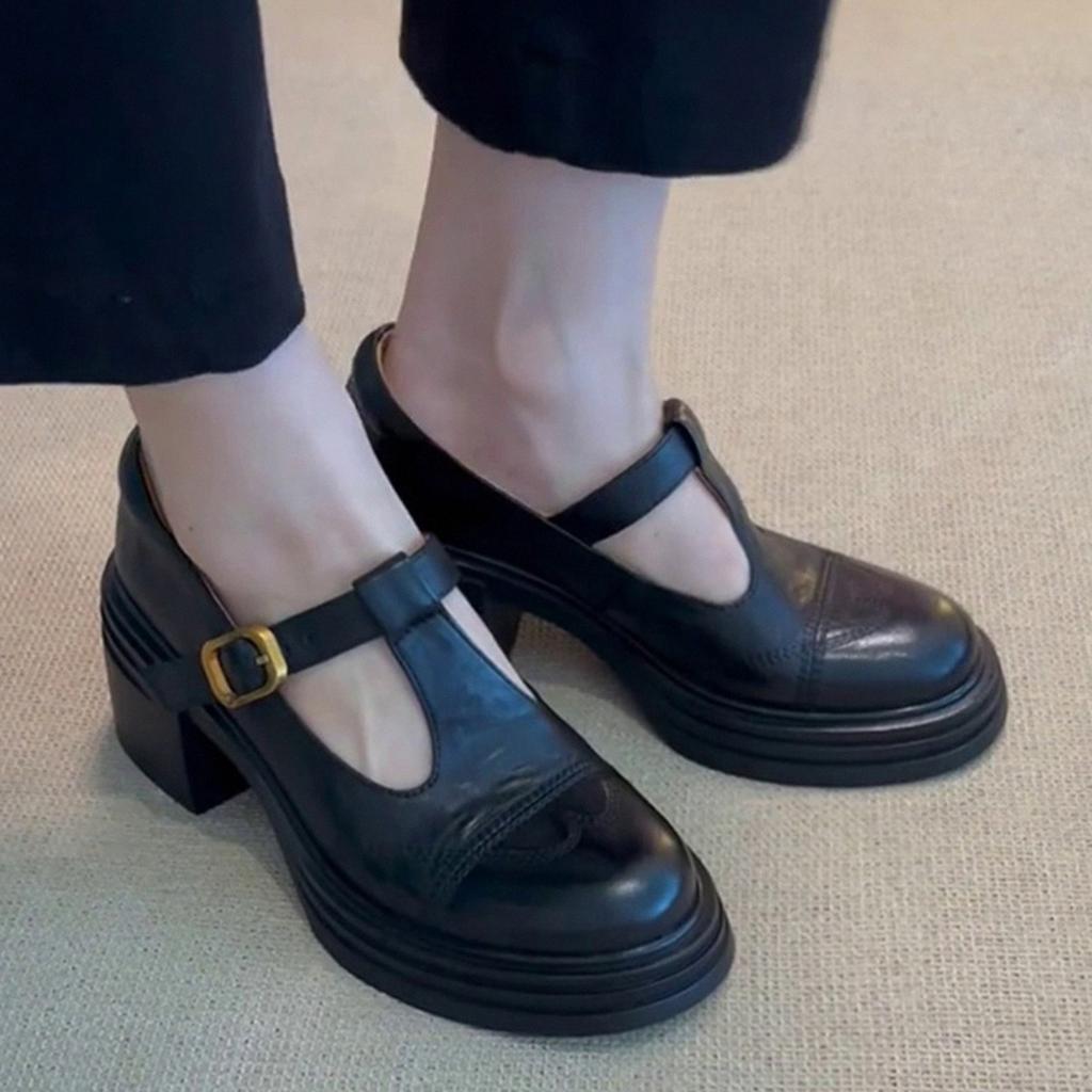 Kravská kůže~ Pravá kůže silná podrážka Mary Jane dámské boty černé vysoké podpatky silný podpatek retro francouzské jednopřezkové boty zvyšující malé kožené boty