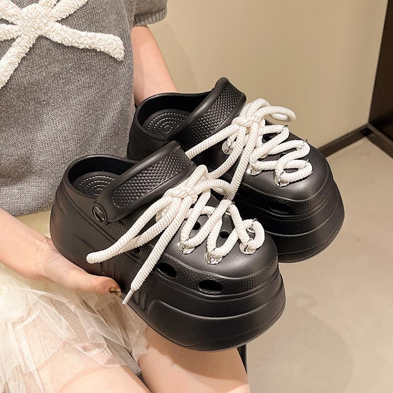 Damen Plateauschlappen DIY Schnürung Freizeit Clogs Sommer Garten Schuhe Dicke Sohle Damen Haus Strand Slides Straßen Sandalen