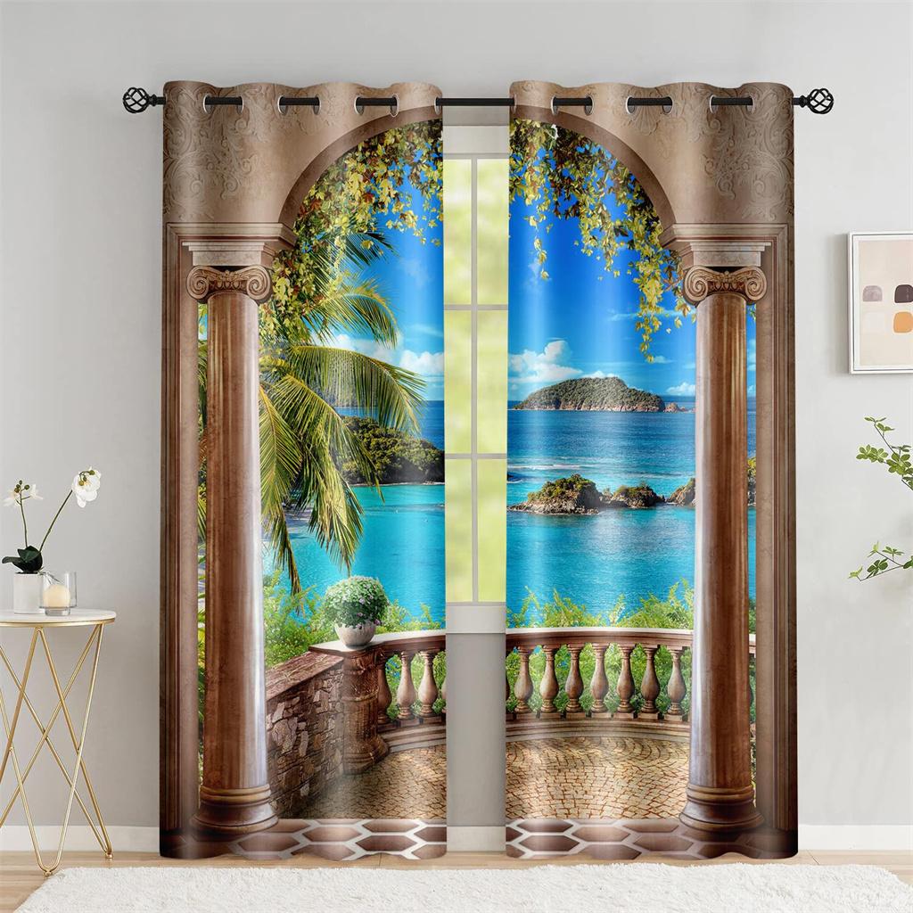 

Гавайский пляжный пейзаж, кокосовая пальма, приморский занавес, комплект из двух штук, домашняя спальня, гостиная, теневые занавески 50W60H(CM)X2PCS&Rod Pocket