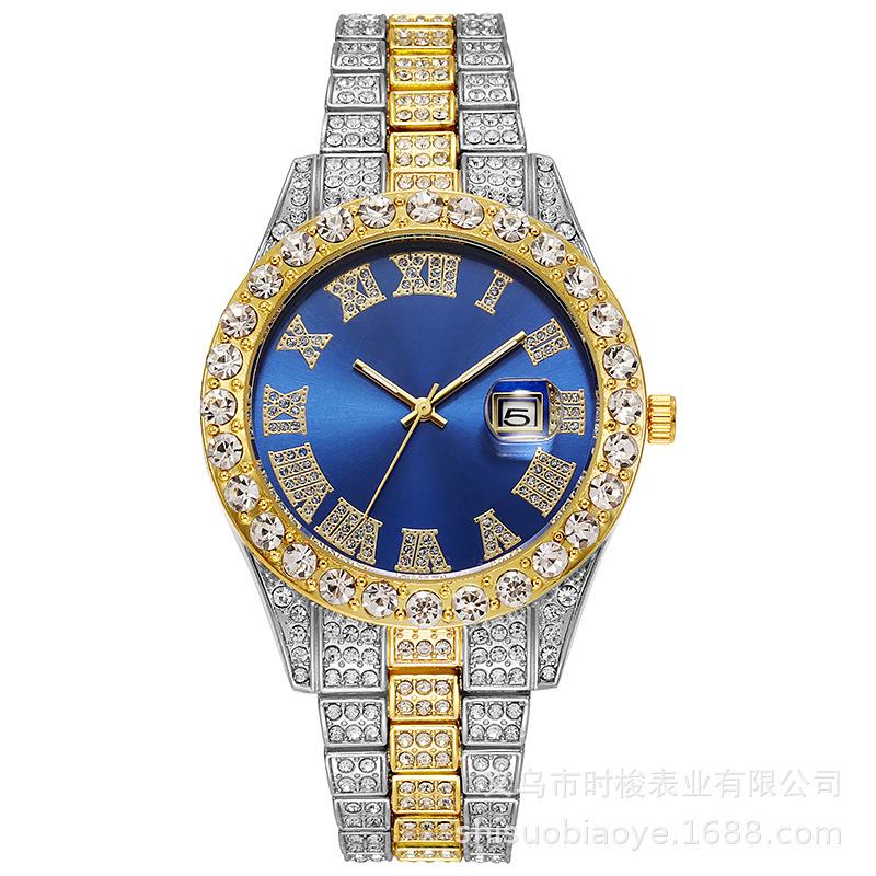 European and American Men's Steel Belt Hip-hop Roman Scale Diamond-encrusted Calendar Men's Quartz Watch