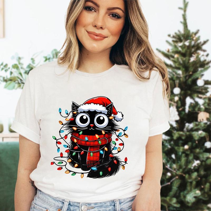 Santa Cat Graphic Print Christmas Tshirt Female Funny Christmas Cat Lights Tee Cute Animals Lovers Christmas Tshirts for Women S