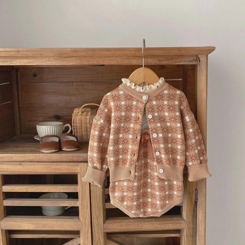 2025 Herbst Kleinkind Mädchen Übergröße Kontrast Strickjacke & Schleife Strampler Set