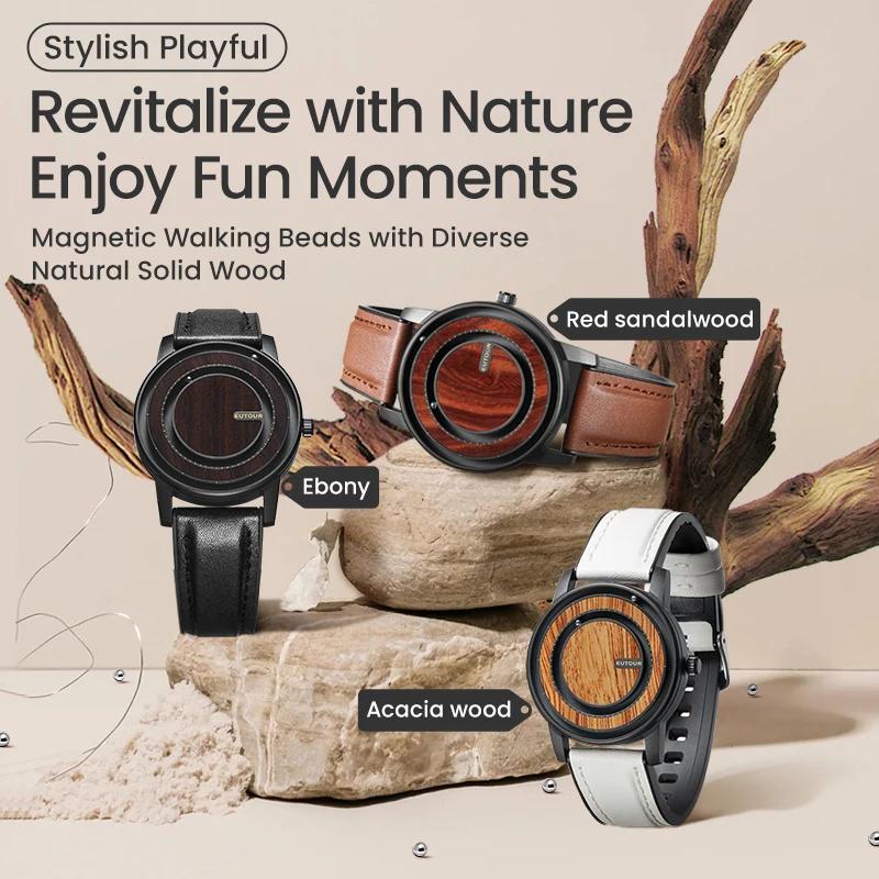 AUQ1 EUTOUR-Reloj Magnético de Bolas Unisex, Reloj con Elemento de Diseño de Madera, Correa de Cuero PU, Diseño Único de Agujas, Reloj Casual de Negocios