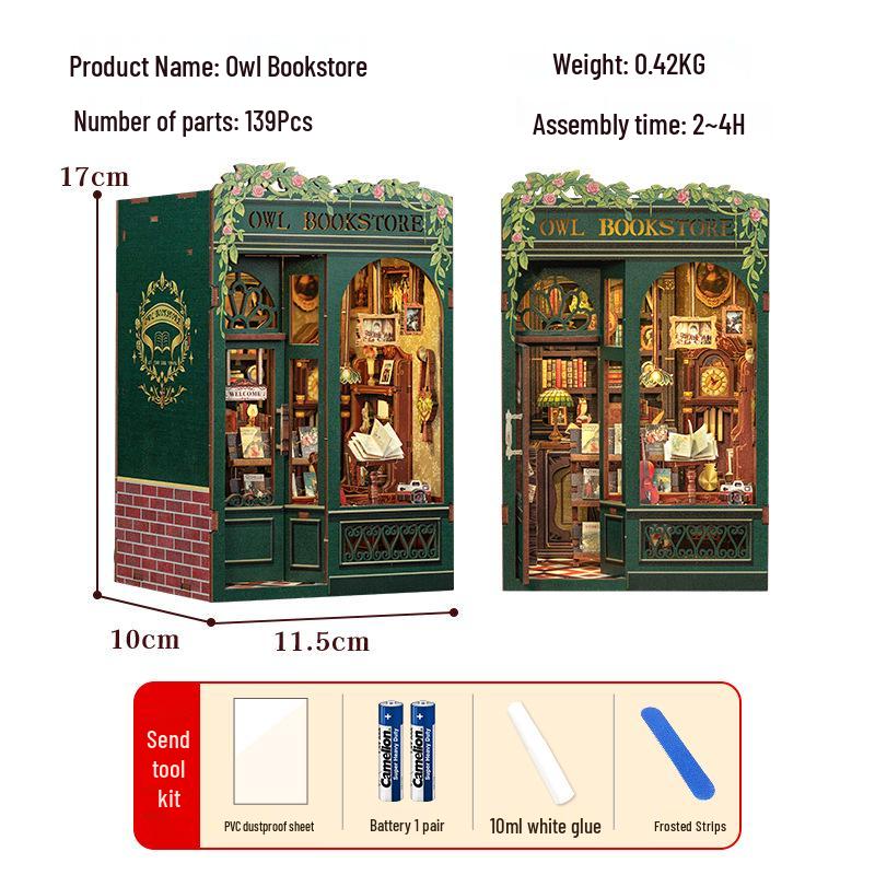 Handcrafted CuteBee Wooden Miniature Bookstore DIY Kit: Owl Book Stand Cabin Model