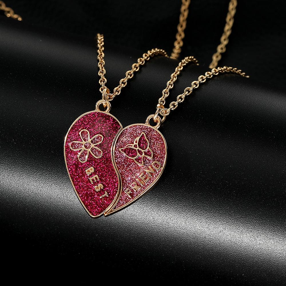 Colorful Glitter Design Broken Heart Best Friends Golden Necklace Set Of 2 For Girls Ladybro Friendship Chain Jewelry Gift