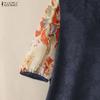 ZANZEA Women Casual Round Neck Print Splice Half Sleeve Lace Blouse