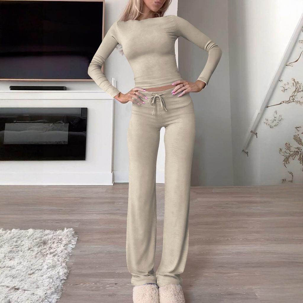 Women's Sports Yoga Long Sleeve T-Shirt Solid Color Pants Set Two Pieces