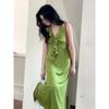Gentle temperament waist-wrapped hip-split long dress French green v-neck ruffle edge floral neck dress