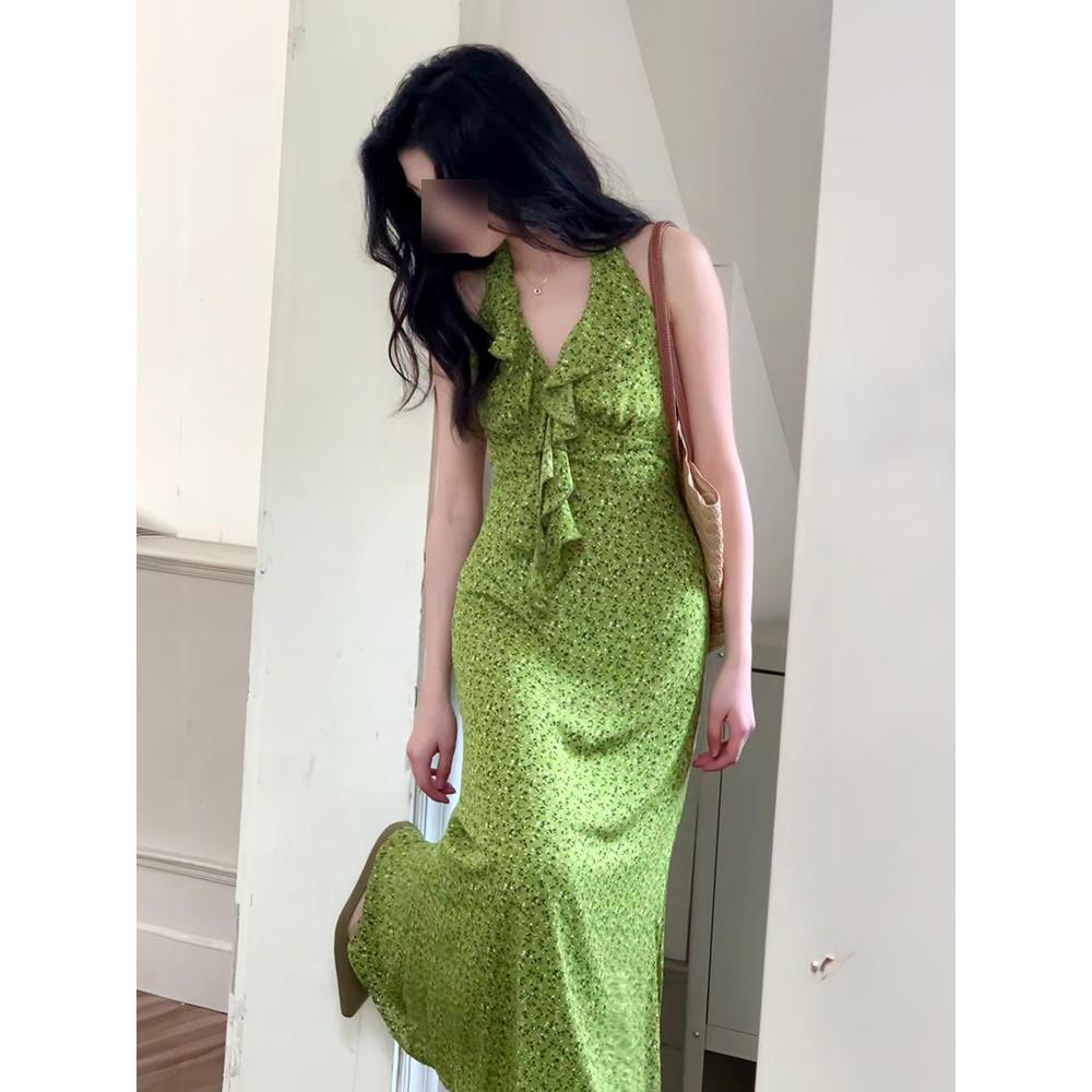 Gentle temperament waist-wrapped hip-split long dress French green v-neck ruffle edge floral neck dress