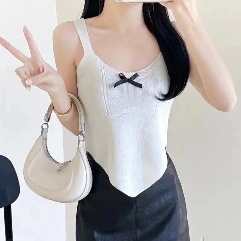 Spring and Summer New Style Design and Temperament Simple Bow Irregular Knitted Suspender Vest Versatile Top for Women