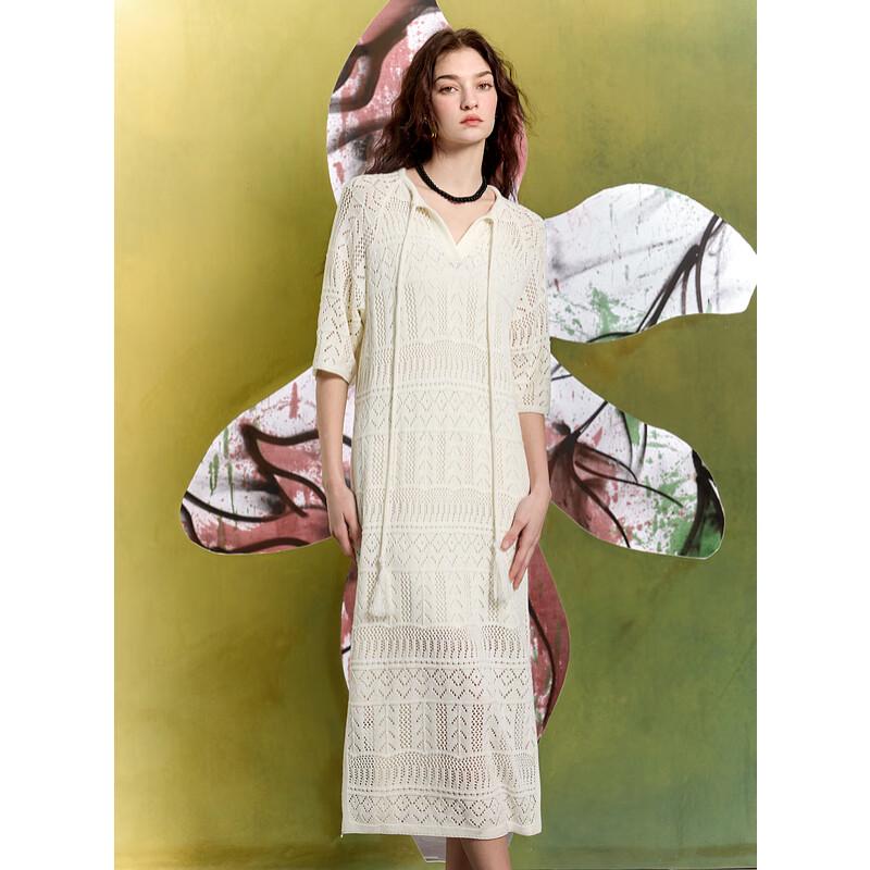 Sancai 2025 Spring Hollow-out Knit Tassel Resort Maxi Dress