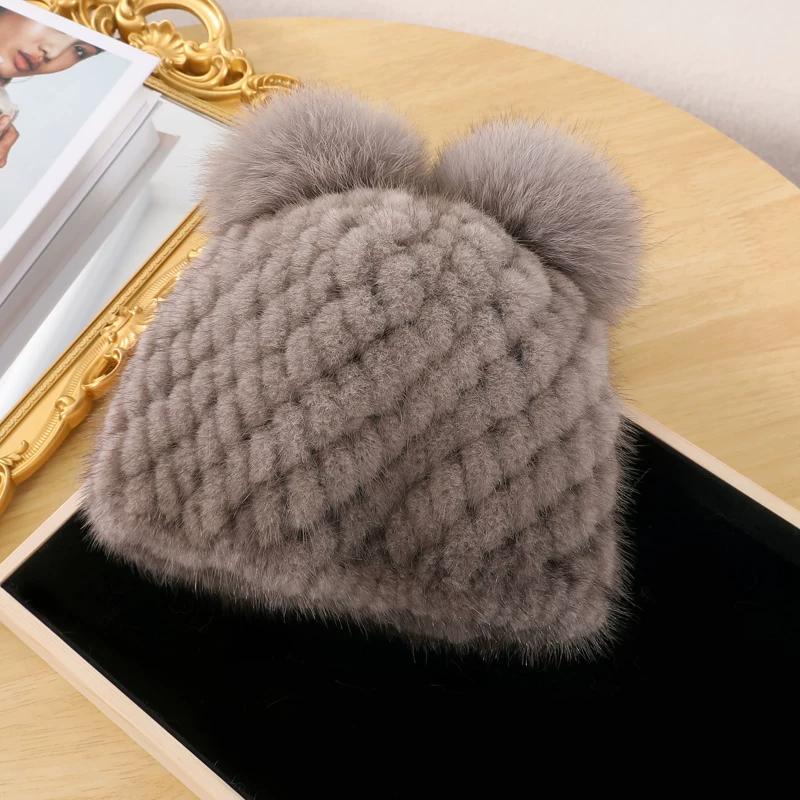 New Mink Hair Hat Warm Woven Wool Fox Hair Ball Cute Mickey Hat Fur Milliner Autumn and Winter