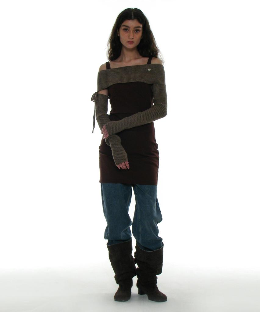 PARTIMENTO WOMEN Asymmetrical Knit Arm Warmer Top_Mix Beige