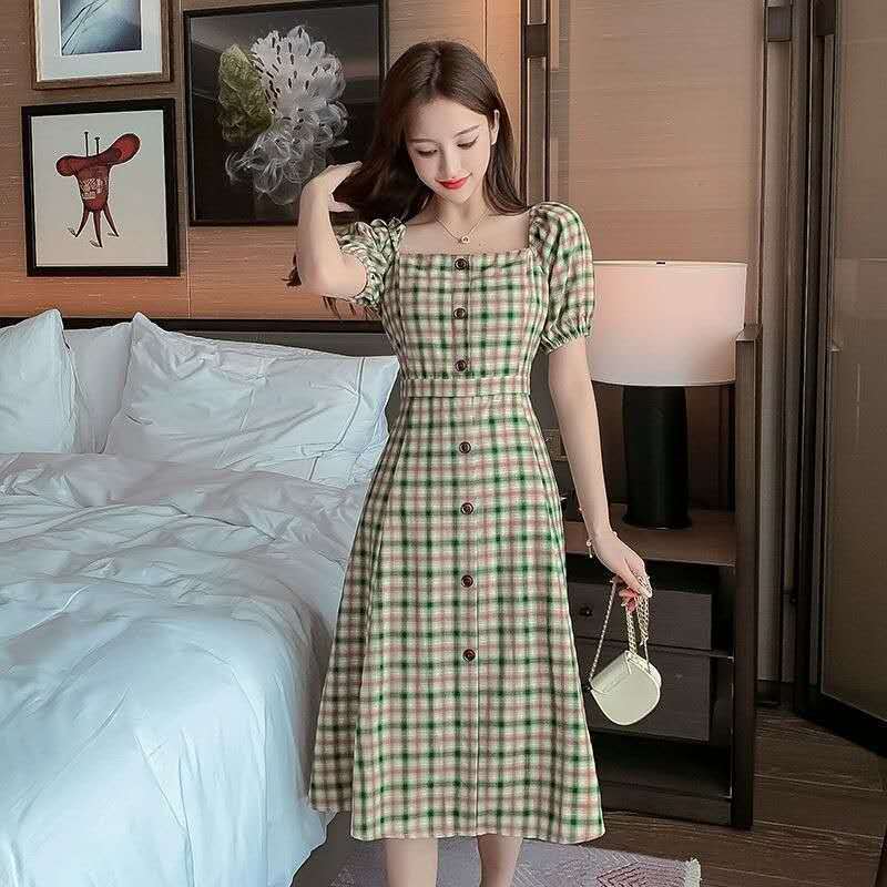 Summer New Square Neck Plaid Bubble Sleeve Temperament Fashionable Waist and Thin French Retro Knee Dress Women's Clothing