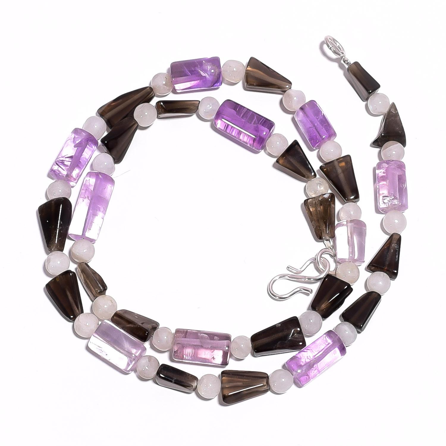 

Natural Amethyst Smoky Quartz Moonstone Gemstone Beads Necklace 17 UB-4628 UB-4628