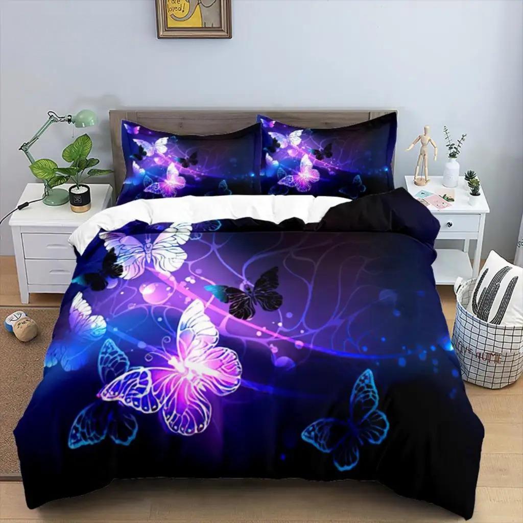 Butterfly Duvet Cover Set Polyester 3D Purple Butterfly Bedding Set Dreamy Night Butterfly Quilt Cover King Size Comforter Cover