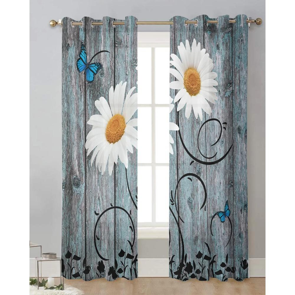 Daisy Retro Wood Grain Butterfly Sheer Curtains for Living Room Decoration Window Curtain Kitchen Tulle Voile Organza Drapes