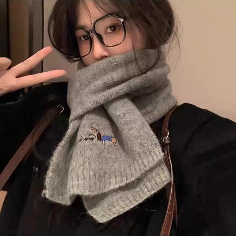 Original Korean Style Embroidered Puppy Solid Color Knitted Scarf Women Autumn Winter Student Neck Warmer Cozy Knit Neck Gaiter серый