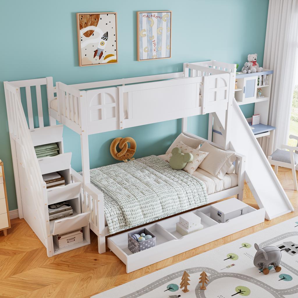 Bunk Bed, Children's Bed With Window, With Kids' Slide, Drawers with Wheels, Stairs with Handrail, With 4 Lockers In Stairs, Pine+MDF, White, 90x200