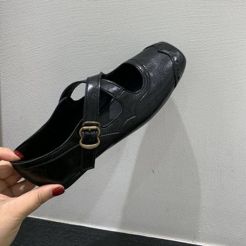 Retro Square Head Suede Light Mouth Single Shoes Women's Autumn New Korean Version Cross Belt Ballet Style Flat Mary Jane Shoes