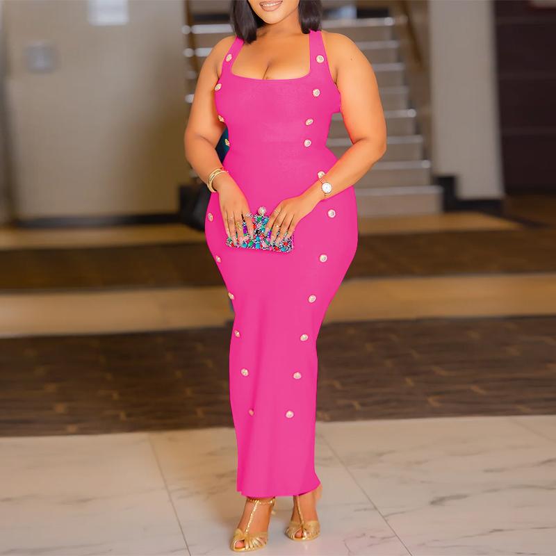

VONDA Женские летние модные платья с U-образным вырезом без рукавов и пуговицами, обтягивающие платья на подтяжках 5XL ярко-розовый