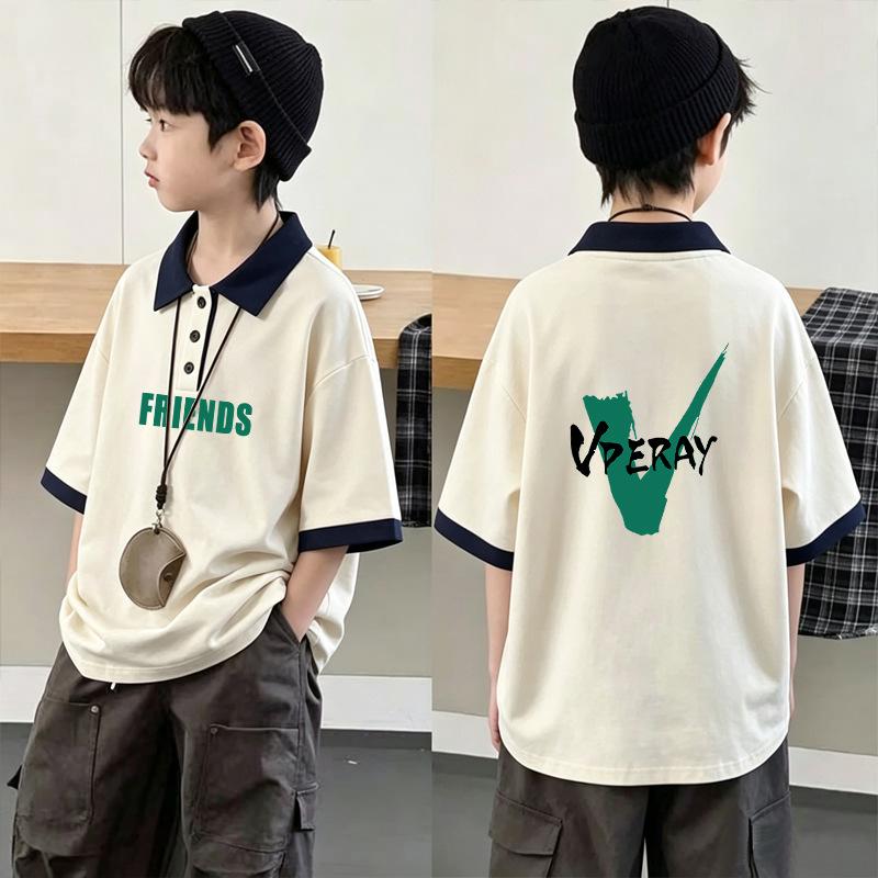 Boys' Loose Color-Block Cotton Polo Shirt - New Korean Style, Lapel Short Sleeve, Trendy Summer Top for Middle and Big Kids