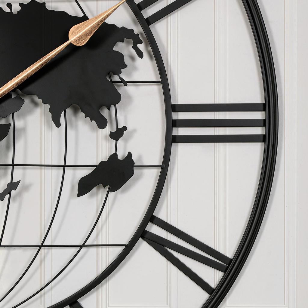 World Map Globe Design Skeleton Wall Clock, Industrial Black Metal Silent Non-Ticking Clock for Living Room Office Decor