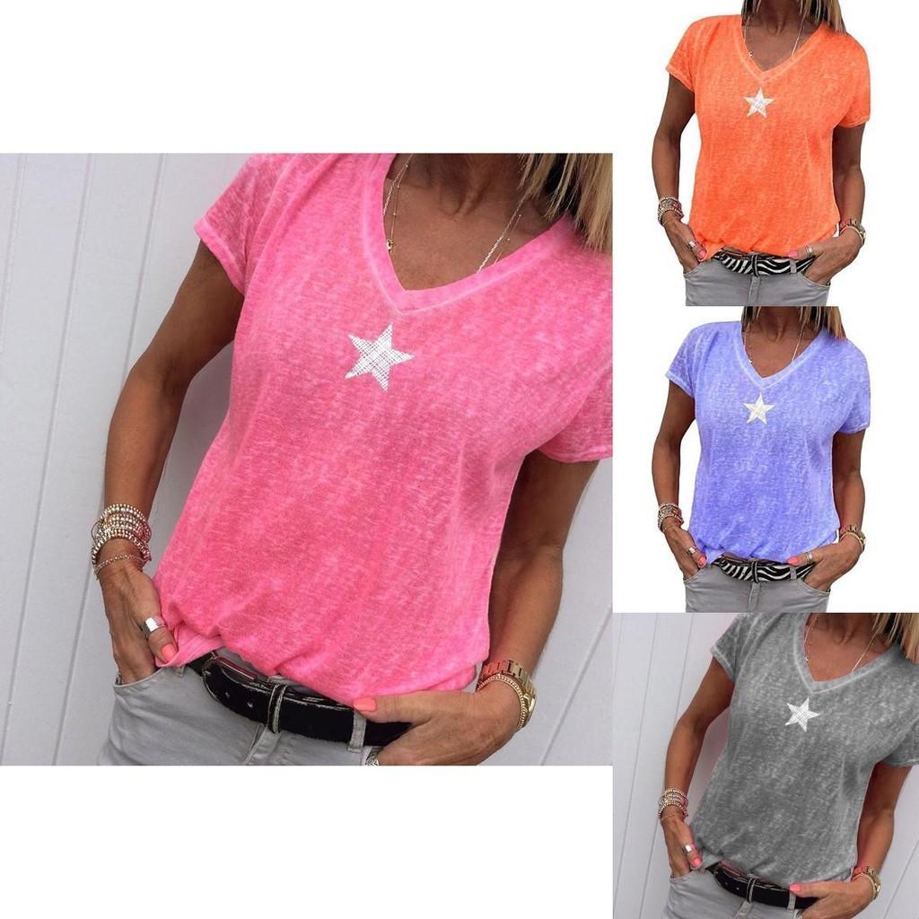 Stylish Women V-neck T-shirt Casual Loose Star Summer Shirts Solid Short Sleeve Perfect For Outdoor Activities
