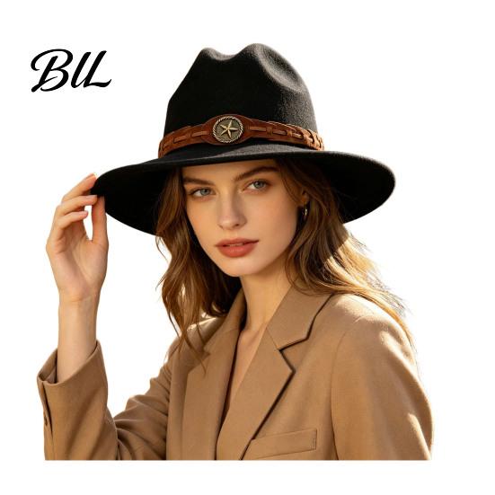 Winter Windproof Wool Cap Unisex Western Cowboy Hat, Felt Fedora Hat with Faux Leather Band, Retro Wide Brim Cowgirl for Men Women Autumn Warm