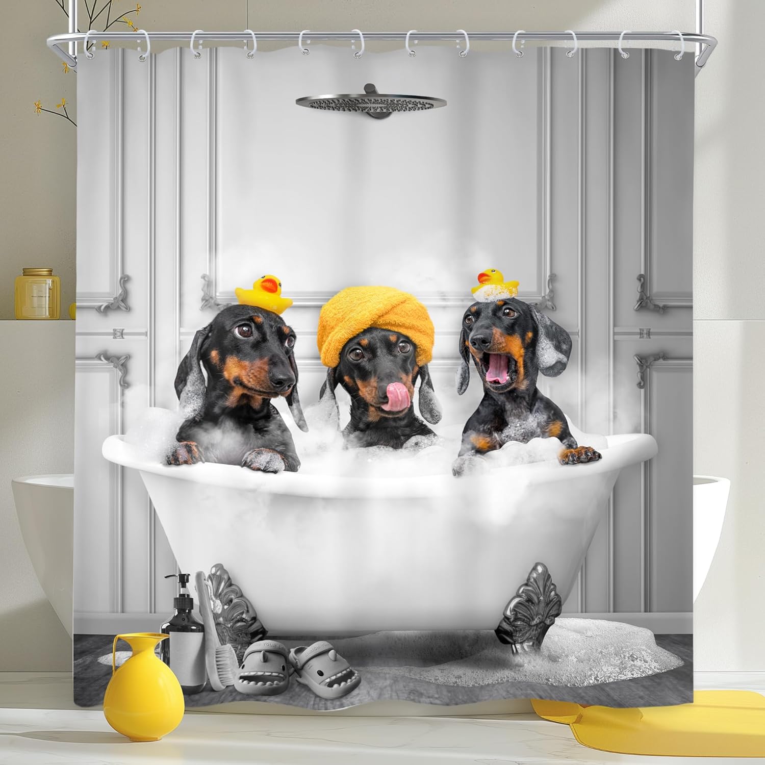 

Funny Dogs Shower Curtain 72Wx72H Inch Dachshund Bathing in Bathtub Cute Animal Puppy Pet Hilarious Shower Curtain Bathroom Set 90x180cm