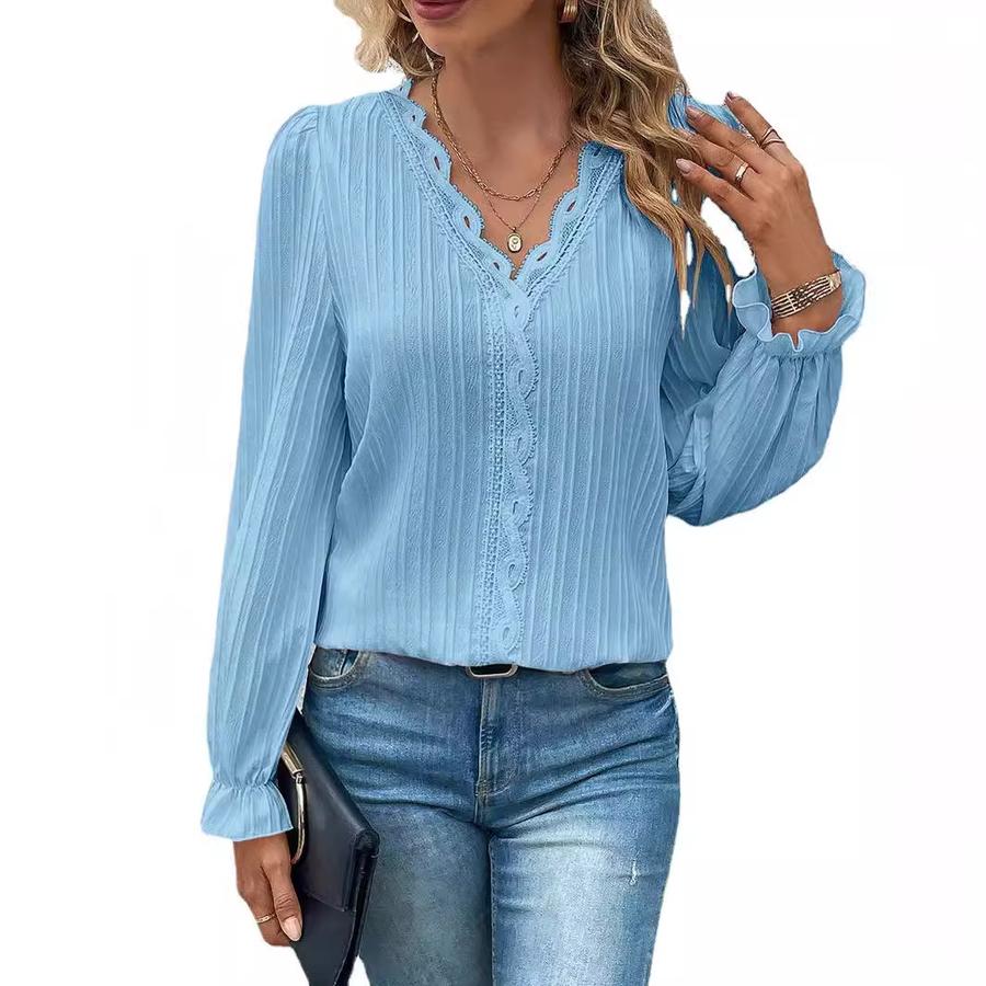Trendy Fall Long Sleeve V-Neck Lace Trim Patchwork Hollow-Out Women's Blouse