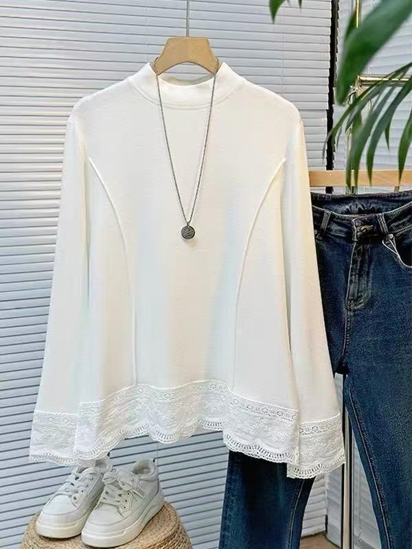 Korean Lace Patchwork Long-Sleeve Women’s T-Shirt, Age-Defying Loose Base Layer, Fall/Winter 2025 Fashion Design