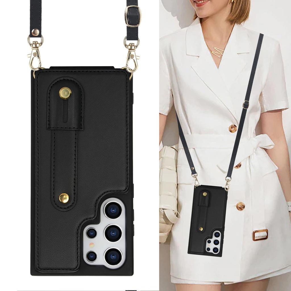 For Samsung Galaxy S25 Ultra Deksel Støttefot Kortlommer Lærbelagt TPU-deksel med Skulderstropp