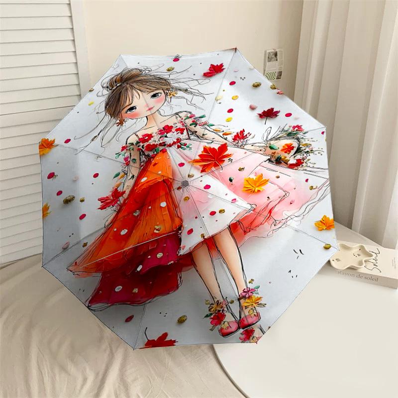 1pc Autumn Leaves Automatic Open/Close Umbrella Compact Folding Umbrella with 8-Rib Shaft for Women/Men, Portable Travel Umbrella,1226S