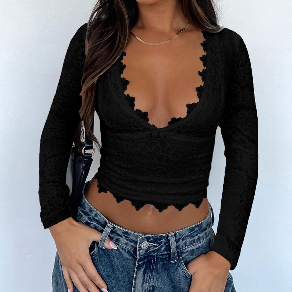Spring Summer Women's Y2K Sexy Deep V Hollow Sweet Spice Style Lace Pullover Top