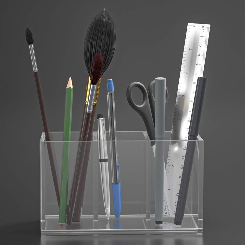 NIUBEE Pen Holder, 3 Compartments, Clear Acrylic, Pen Stand, Cosmetic Storage Box, Desktop Storage for Stationery, Makeup Brushes, and Other Small