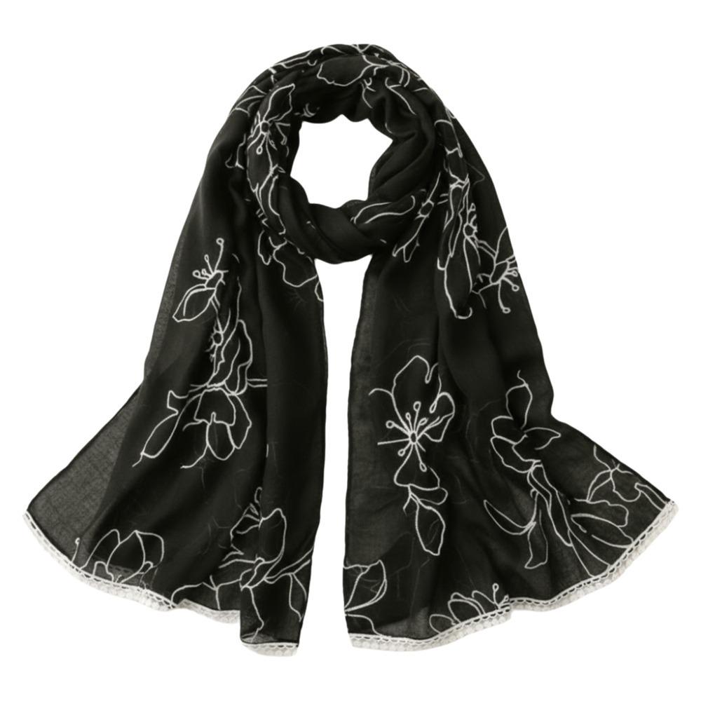 Elegant Hijab Scarf Flower Embroidery Sunscreen Shawl Literary Hijab Shawls for Women